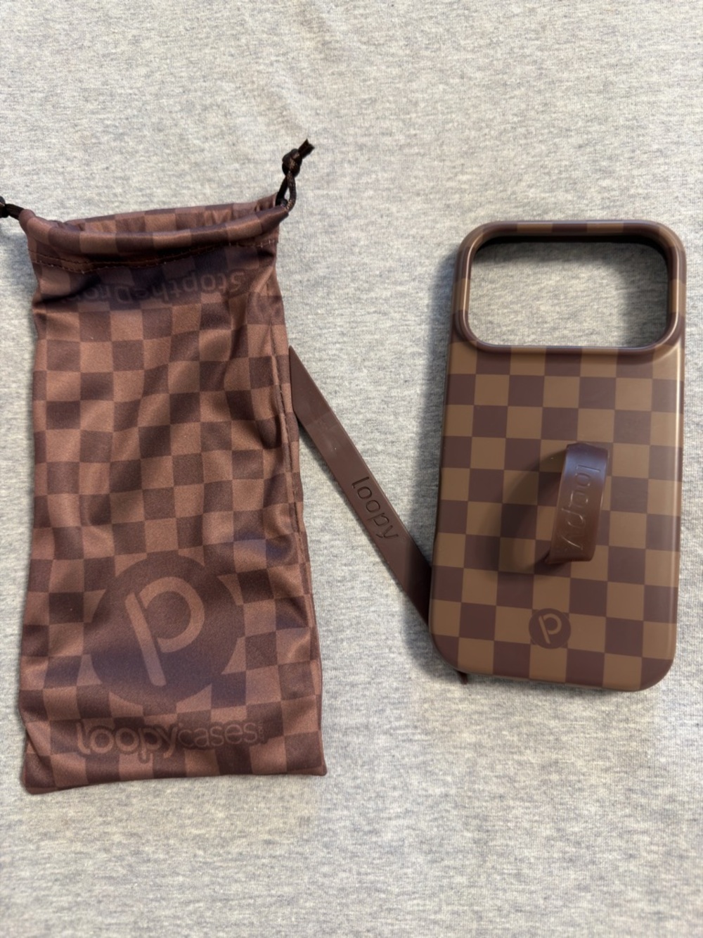 Loopy Cases Brown Checkerboard iPhone Case with Strap left orientation